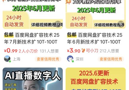 百度网盘无限扩容技术2025版。在闲鱼，某宝卖了几百上千单